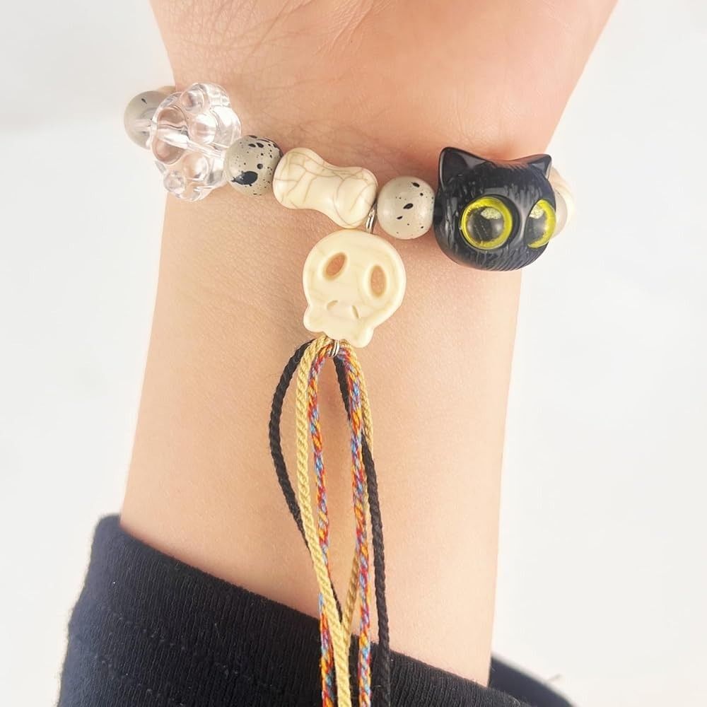Stretch Beaded Bracelet Women's Stone Halloween Black Cat Bones Theme